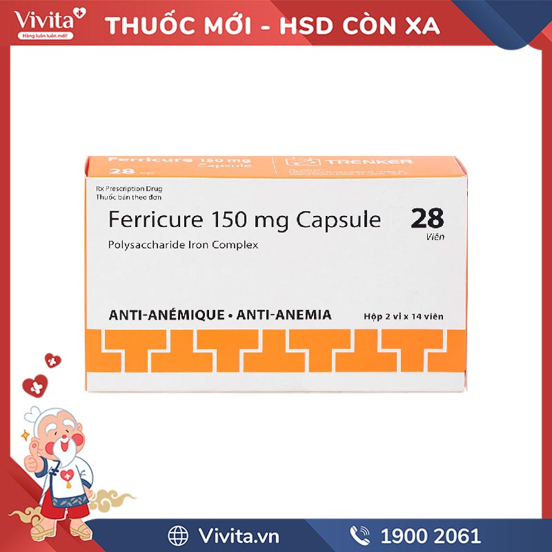 Thuốc trị thiếu máu thiếu sắt Ferricure 150mg Capsule | Hộp 28 viên