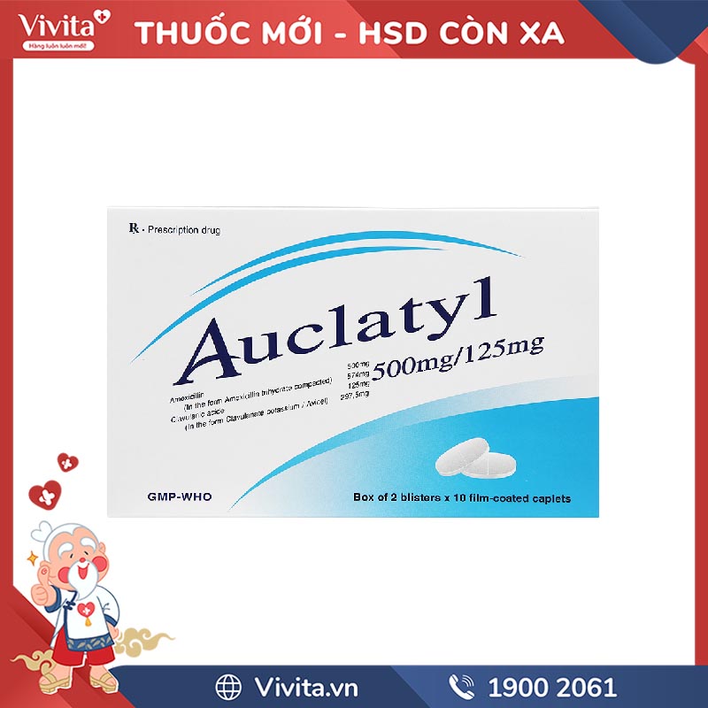 Thuốc kháng sinh trị nhiễm khuẩn Auclatyl 500mg/125mg | Hộp 20 viên