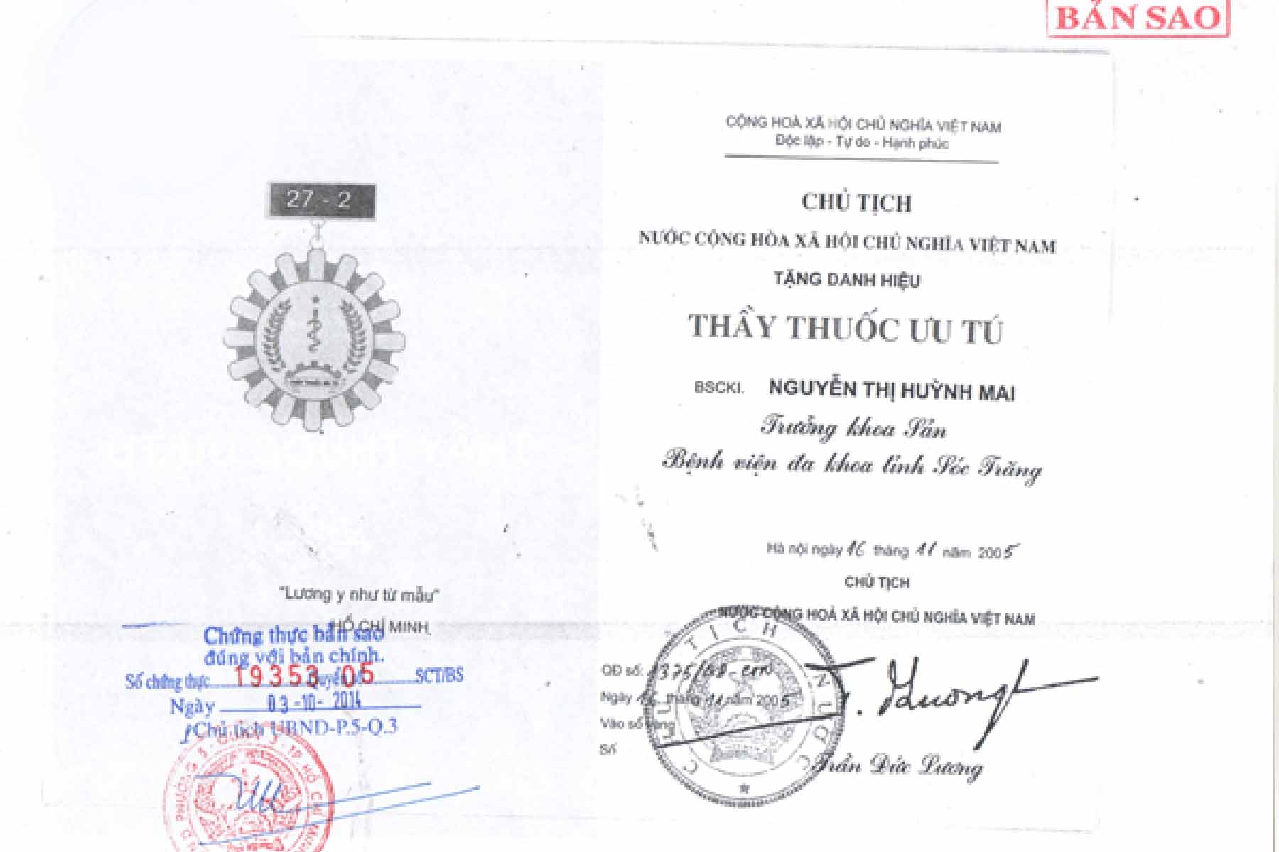 BS.CK1 Nguyễn Thị Huỳnh Mai nhận danh hiệu Thầy thuốc ưu tú