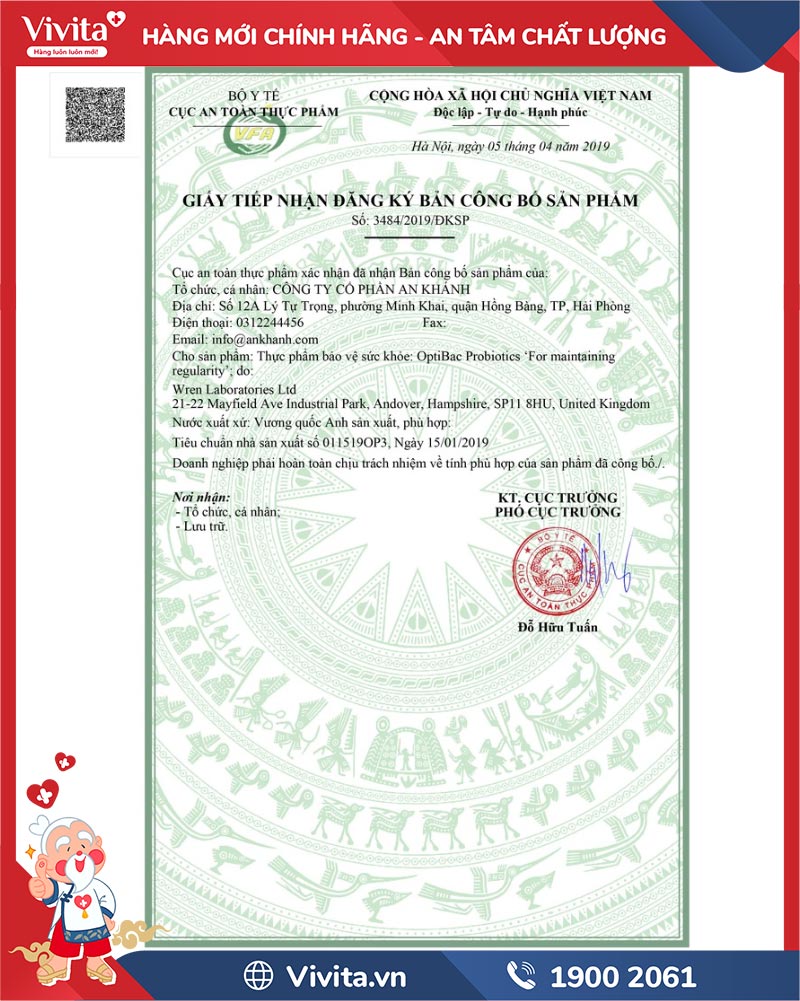 giấy chứng nhận optibac bifido & fibre