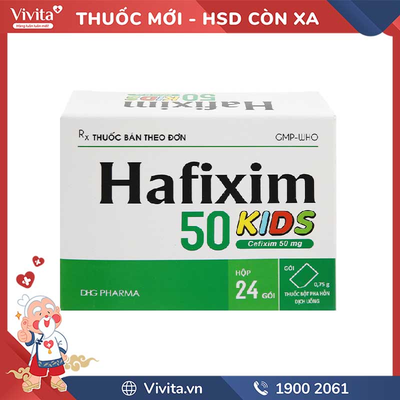 Bột pha hỗn dịch uống trị nhiễm khuẩn Hafixim 50 Kids | Hộp 24 gói