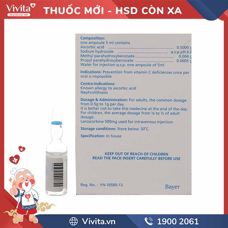 Dung dịch tiêm bổ sung vitamin C Laroscorbine 500mg/5ml | Hộp 6 ống