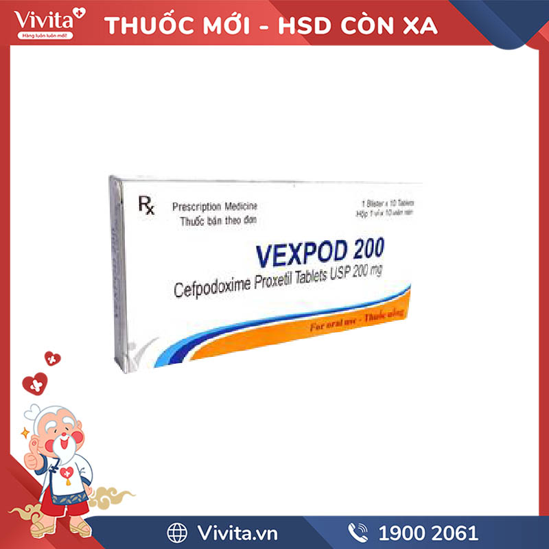 Thuốc kháng sinh trị nhiễm khuẩn Vexpod 200 | Hộp 10 viên
