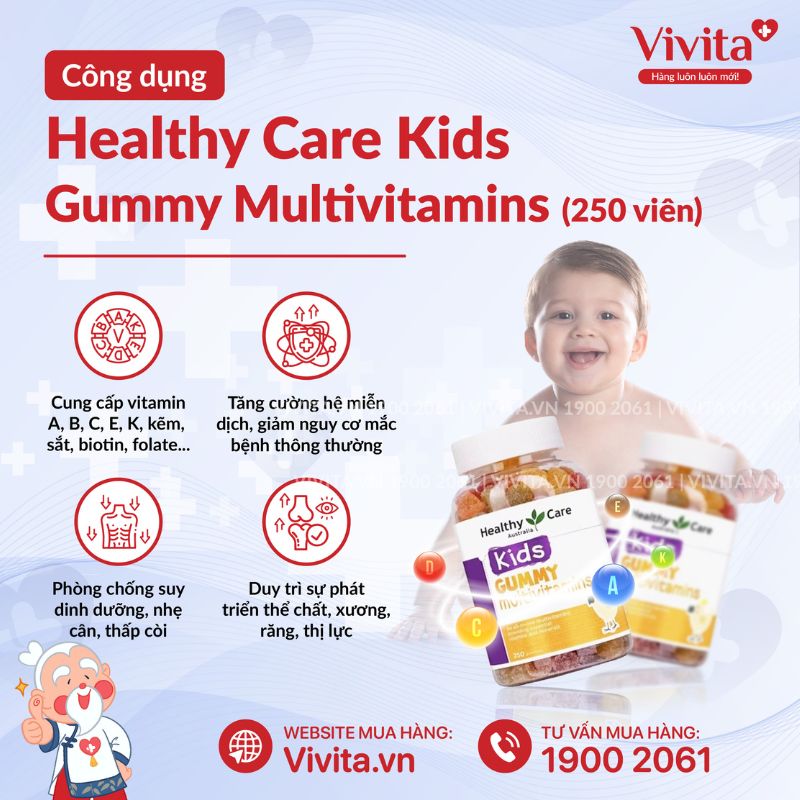 Công Dụng Cách dùng Kẹo dẻo vitamin cho bé của Úc Healthy Care Kids Gummy Multivitamins 
