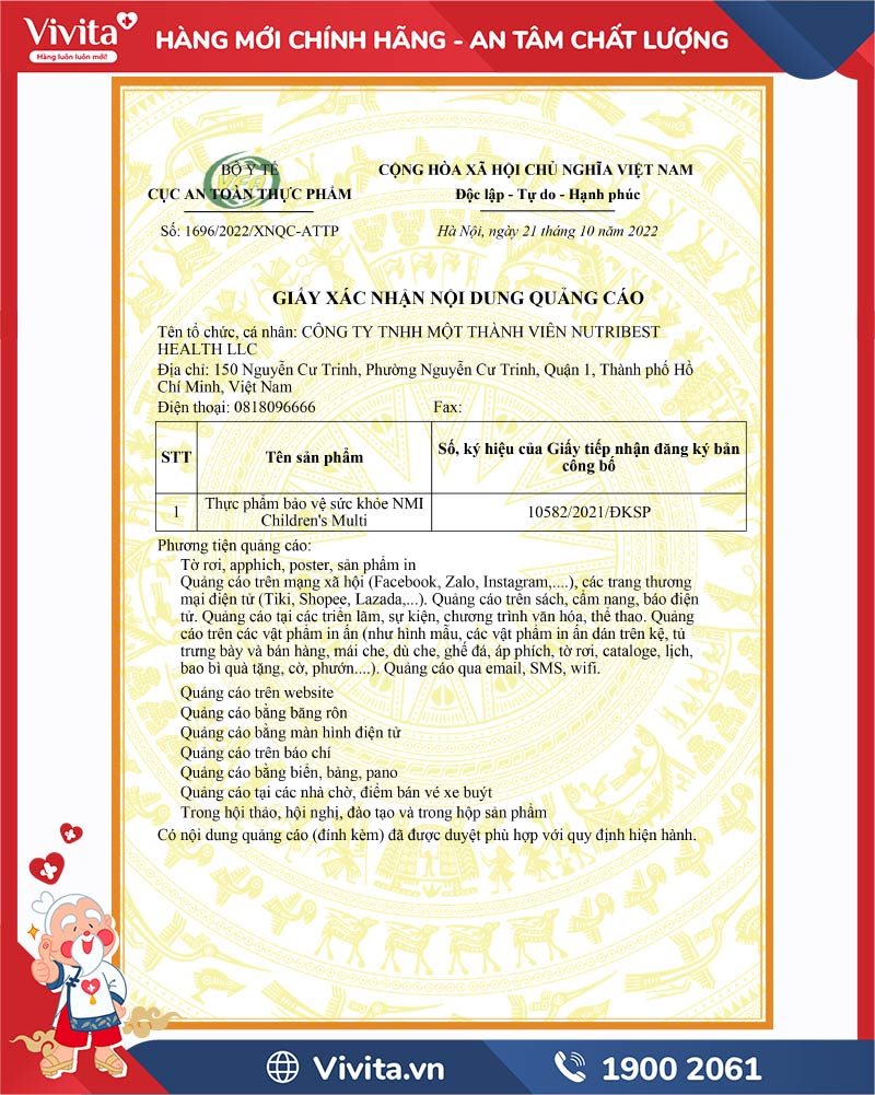 giấy chứng nhận nmi children's multi