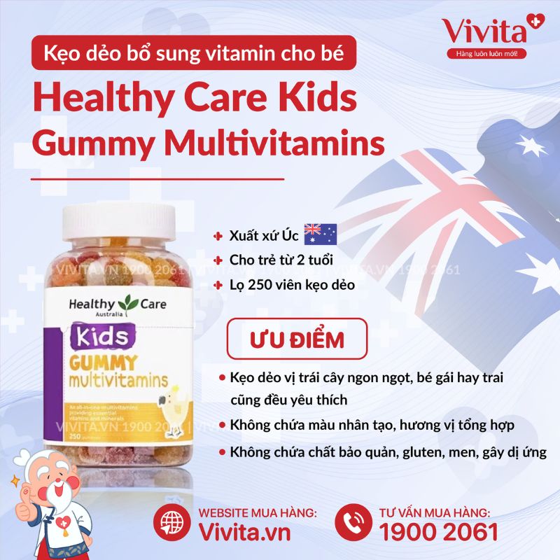 Kẹo dẻo vitamin cho bé của Úc Healthy Care Kids Gummy Multivitamins (250 Viên)