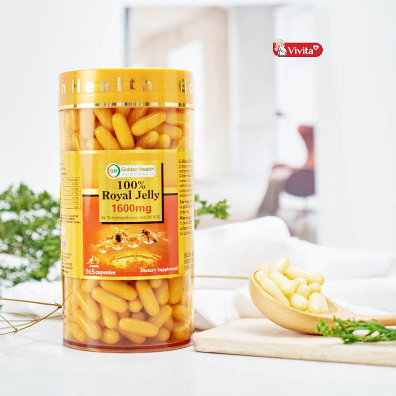 Golden Health Royal Jelly 1600mg là thực phẩm chăm sóc sức khỏe dạng viên, chiết xuất từ sữa ong chúa.