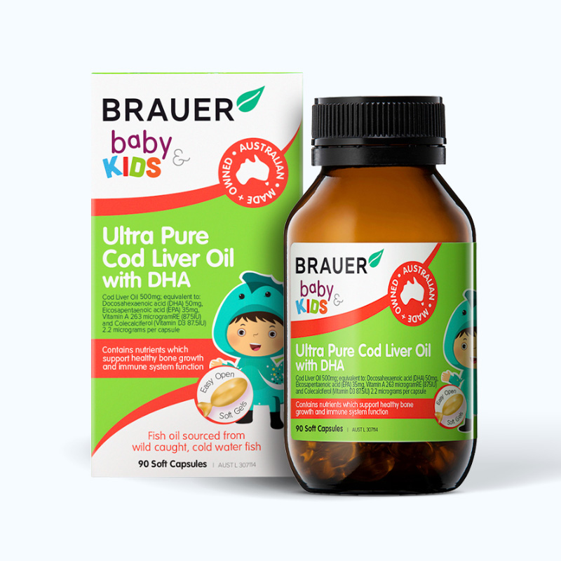 Brauer Baby & Kids Ultra Pure Cod Liver Oil with DHA Hỗ Trợ Sự Phát Triển Của Hệ Xương Hộp 90 Viên