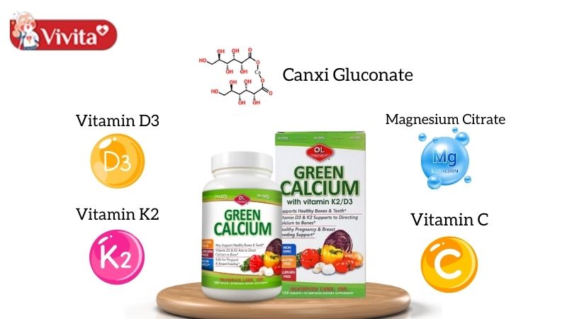 bảng thành phần của canxi hữu cơ green calcium olympian labs gồm có vitamin d3, Vitamin K2, Vitamin C và Magnesium Citrate