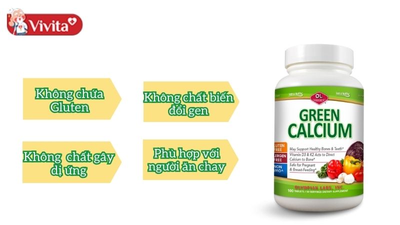 Một trong những ưu điểm của Green Calcium Olympian Labs là không chất biến đổi gen, không có gluten, không chất gây dị ứng và phù hợp với người ăn chay