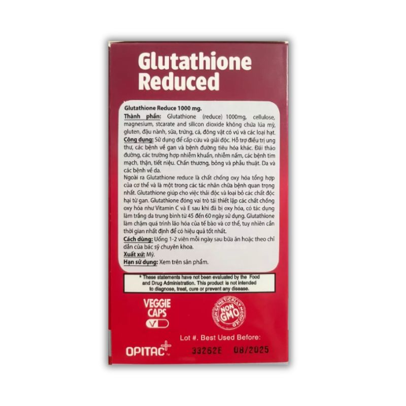 Glutathione Reduced Viên Uống Hỗ Trợ Trắng Da, Hỗ Trợ Giải Độc Gan (Hộp 60 viên)