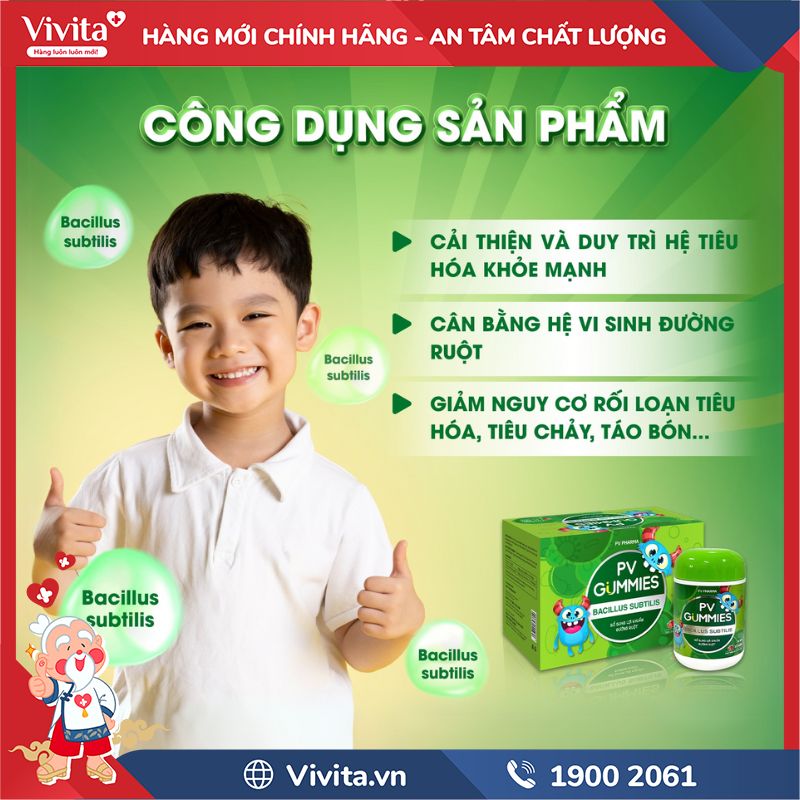 Công dụng PV Gummies Bacillus Subtilis