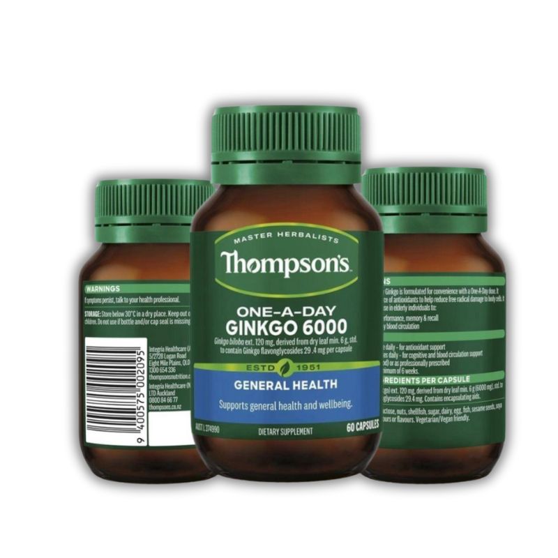 Thompson’s One A Day Ginkgo 6000mg Viên Uống Hỗ Trợ tăng cường tuần hoàn máu não, hỗ trợ giảm triệu chứng rối loạn tuần hoàn não (Hộp 60 viên)