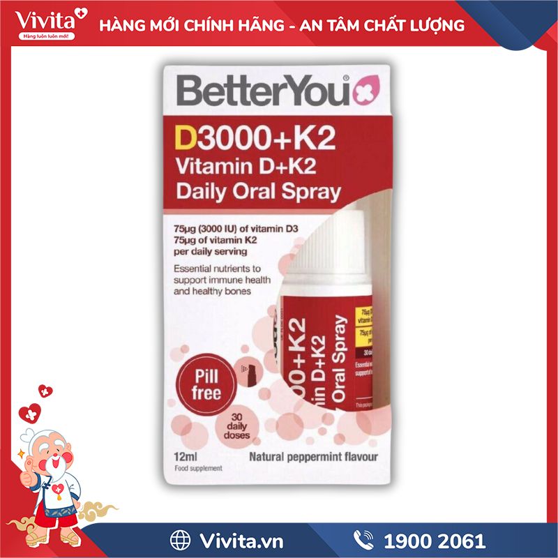 Thành phần của BetterYou D3000+K2 Vitamin D+K2 Daily Oral Spray