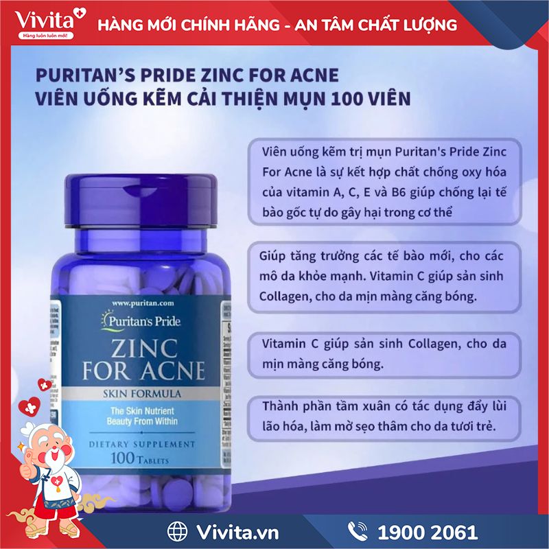 Công dụng của Puritan’s Pride Zinc For Acne 