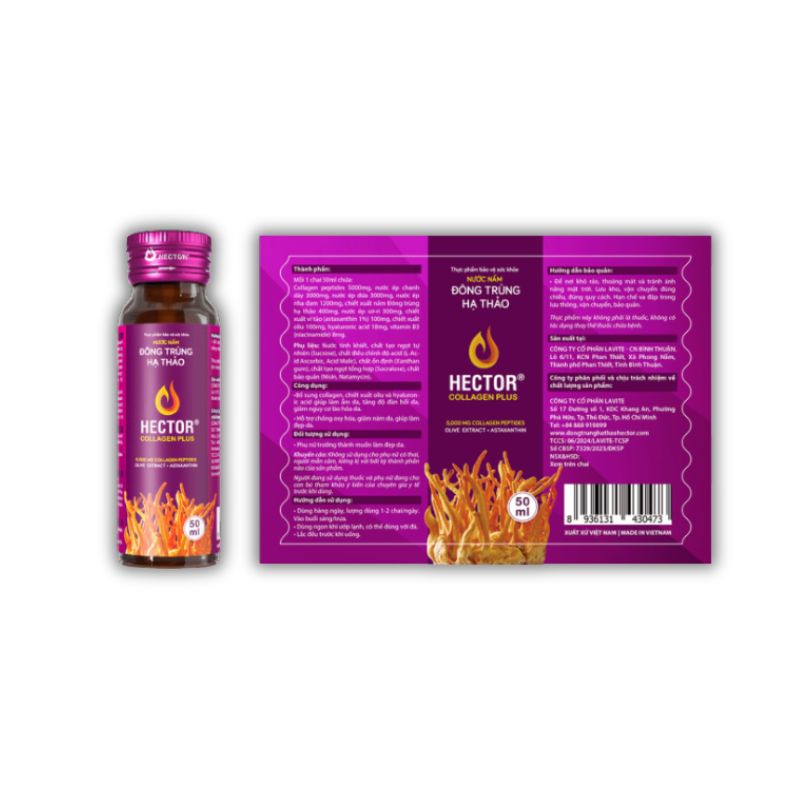 Nước Nấm Đông Trùng Hạ Thảo Hector Collagen Plus Nước Uống Hỗ Trợ Bổ Sung Collagen, Giảm Nguy Cơ Lão Hóa, Giảm Nám, Đẹp Da (Chai 50ml x 10 chai)
