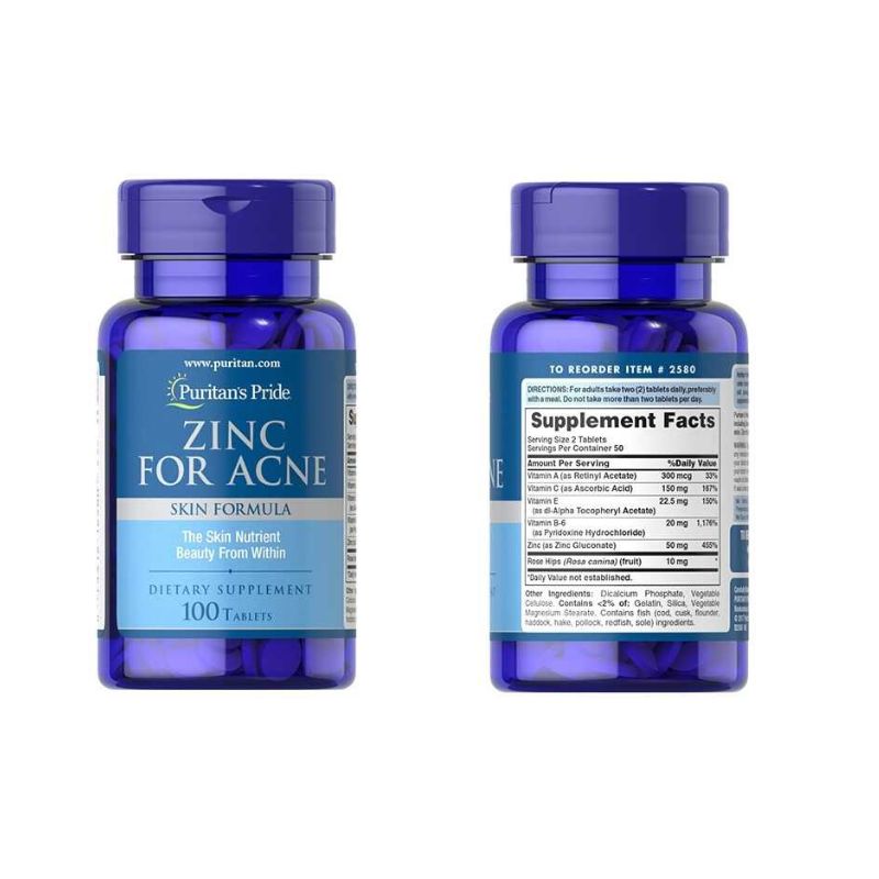 Puritan’s Pride Zinc For Acne Mỹ Viên Uống Hỗ Trợ Trị Mụn (Hộp 100 Viên)