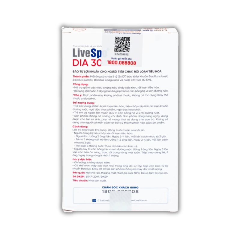 Livespo DIA 30 Dung Dịch Hỗ Trợ Giảm Các Triệu Chứng Tiêu Chảy Cấp Tính, Hỗ Trợ Bổ Sung Lợi Khuẩn Ở Dạng Bào Tử (Hộp 2 Vỉ x 5 Ống x 5ml)