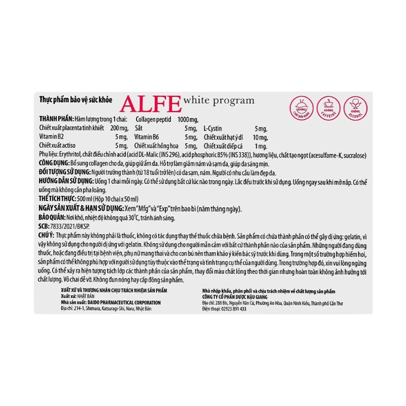 Nước uống Alfe White Program Nhật Bản bổ sung collagen, giảm nám và sạm da (10 chai x 50ml)