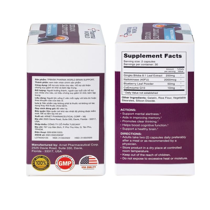 Brain Support Pharma World Mỹ Viên Uống Hỗ Trợ Sức Khỏe Cho Não (Hộp 60 viên)