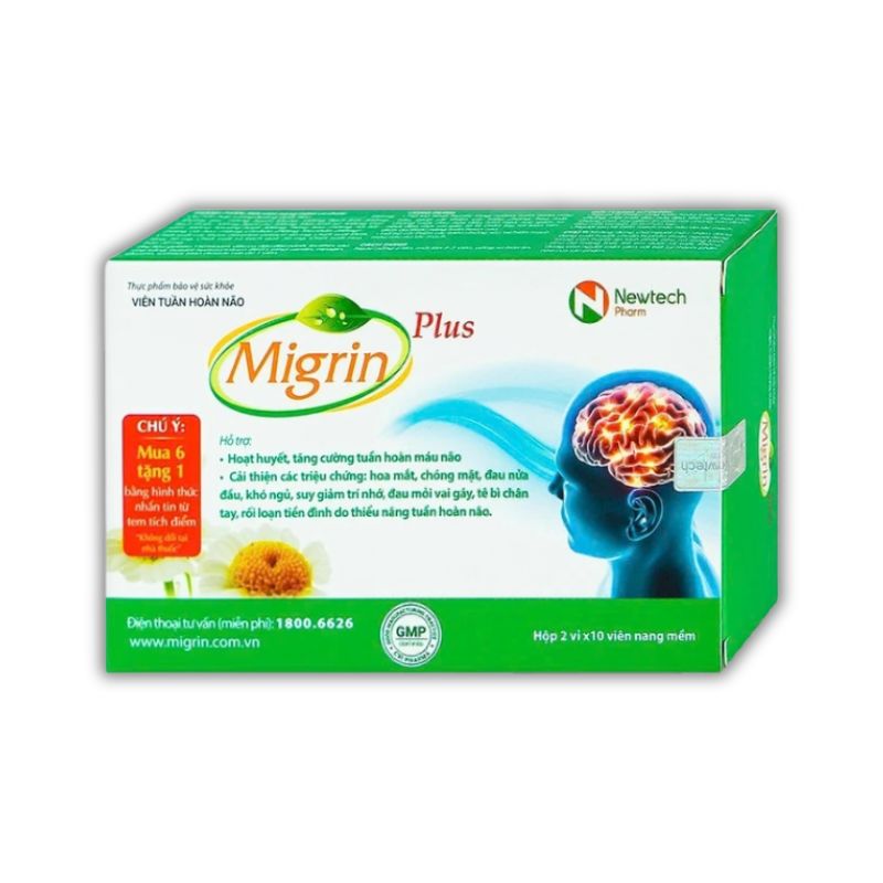 Migrin Plus CVI hỗ trợ hoạt huyết, tăng cường tuần hoàn máu não (Hộp 2 vỉ x 10 viên)