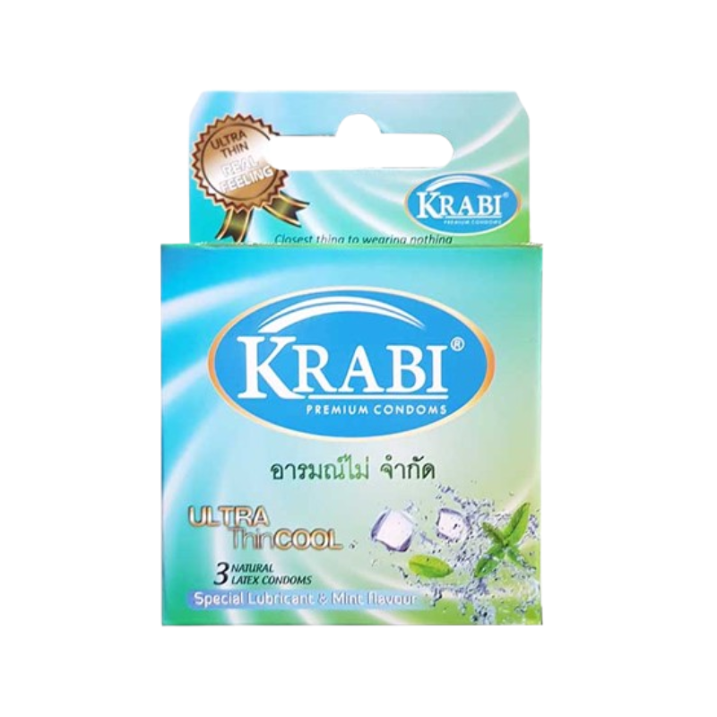 Bao cao su hương bạc hà Krabi Ultrathin Cool hỗ trợ tránh thai, tăng cảm giác mát lạnh khi quan hệ (Hộp 3 cái)