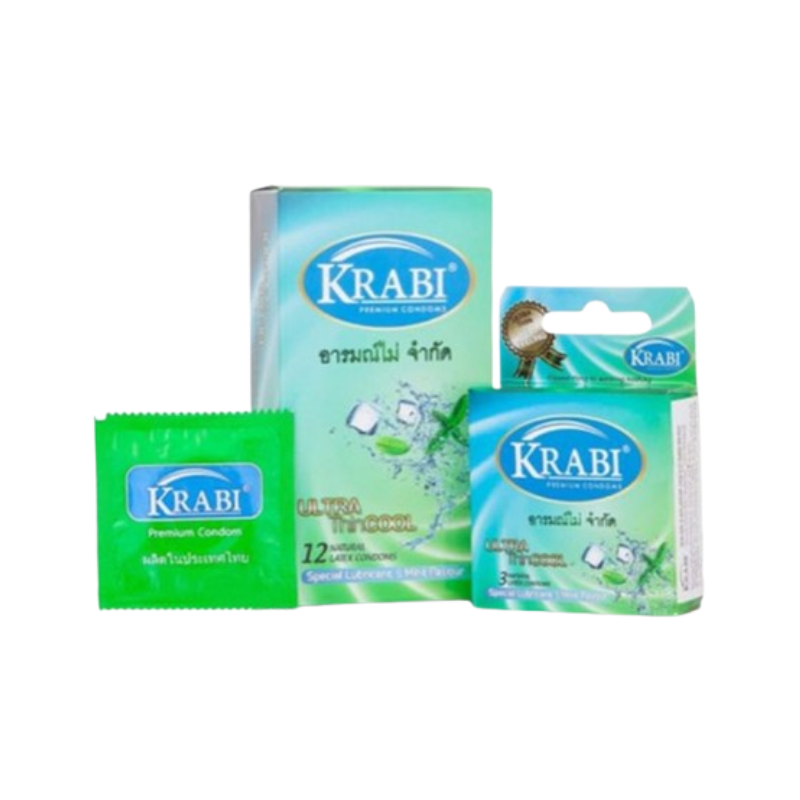 Bao cao su hương bạc hà Krabi Ultrathin Cool hỗ trợ tránh thai, tăng cảm giác mát lạnh khi quan hệ (Hộp 3 cái)