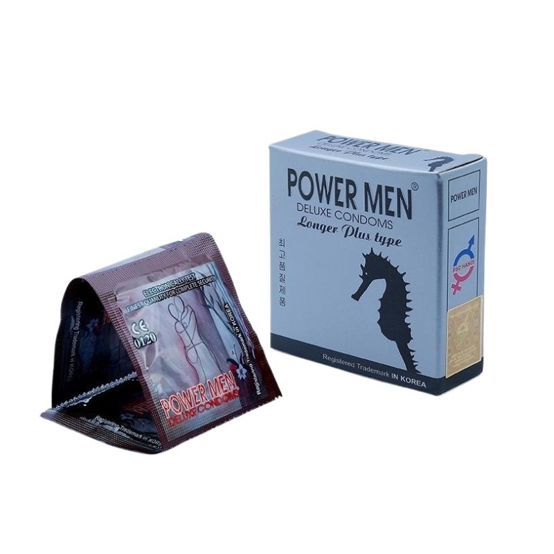 Bao cao su kéo dài thời gian cá ngựa Power Men Longer Plus Type bạc hỗ trợ tránh sinh con ngoài ý muốn (Hộp 3 cái)