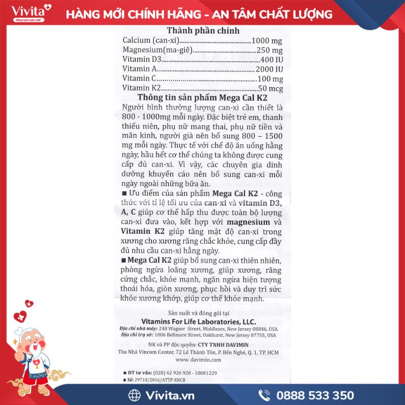 Thành phần của Mega-Cal 1000