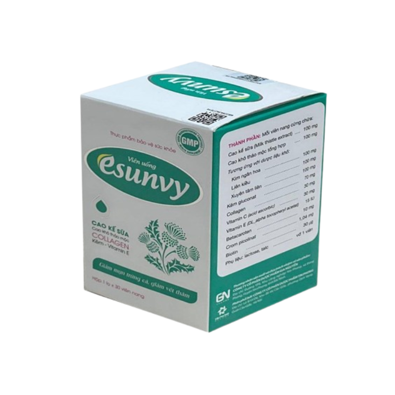 Viên Uống Esunvy Hỗ Trợ Thanh Nhiệt, Giải Độc, Tăng Cường Chức Năng Gan, Giảm Các Triệu Chứng Sạm Da, Mụn Nhọt, Trứng Cá Do Tăng Tiết Trên Da (Lọ 30 viên nang)