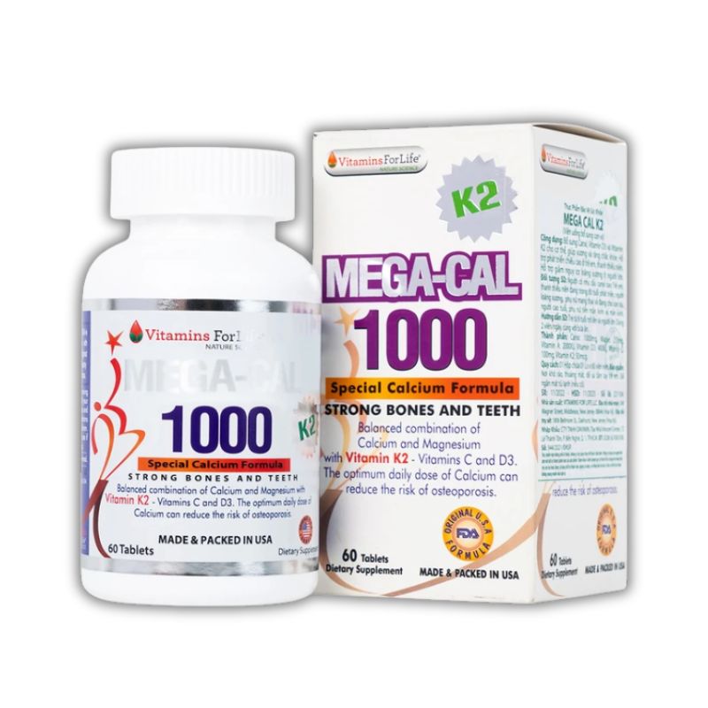 Viên Uống Mega-Cal 1000 Bổ Sung Canxi, Vitamin D, K2 Giúp Xương Chắc Khỏe, Hỗ Trợ Giảm Nguy Cơ Loãng Xương (Hộp 60 viên)