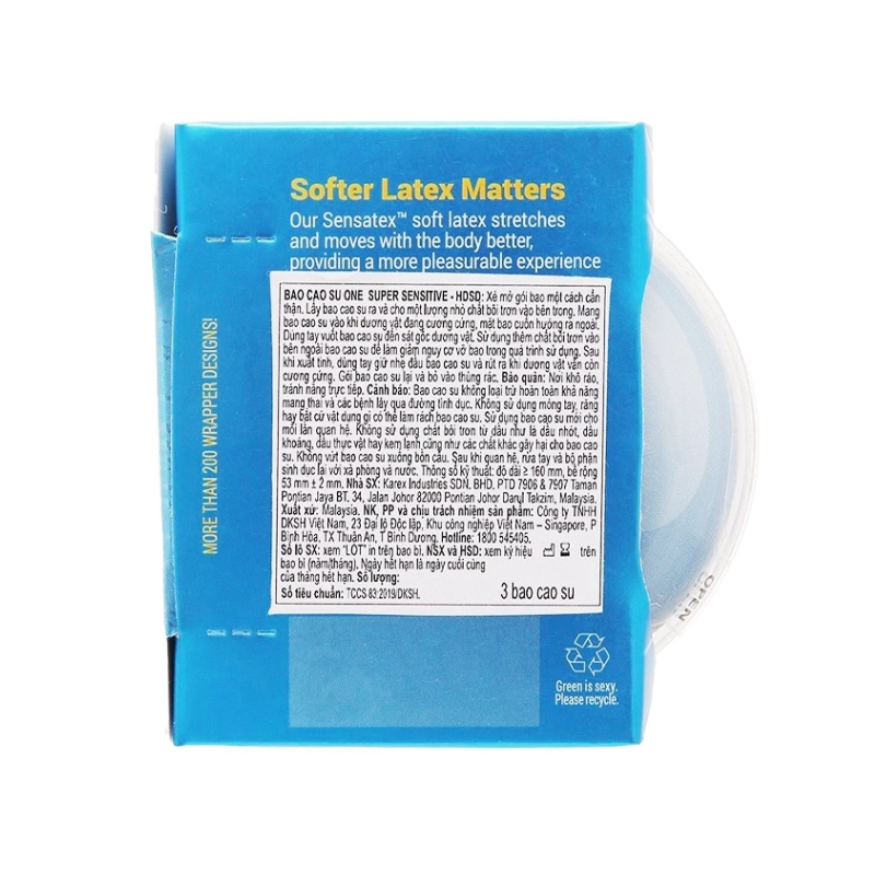 Bao cao su One Super Sensitive 53mm của Malaysia siêu mỏng hỗ trợ tránh thai, tăng cảm giác chân thật (Hộp 3 cái)