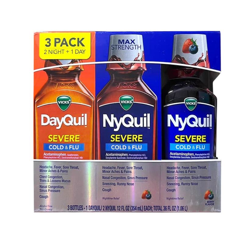 Siro Dayquil, Nyquil Severe Cold and Flu Hỗ Trợ Giảm Triệu Chứng Cảm Lạnh, Sốt, Giảm Ho Hiệu Quả (Chai 354ml)