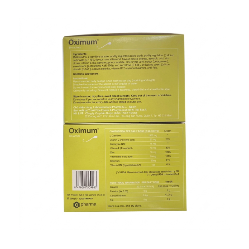 Oximum của Ý hỗ trợ cải thiện chất lượng tinh trùng, tăng khả năng di động và hỗ trợ sinh sản nam giới (Hộp 60 gói x 3,8g)