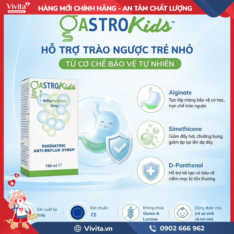 Gastrokids được bào chế với công thức kết hợp nhiều thành phần có vai trò bổ trợ lẫn nhau, giúp hỗ trợ kiểm soát trào ngược theo cơ chế cơ học