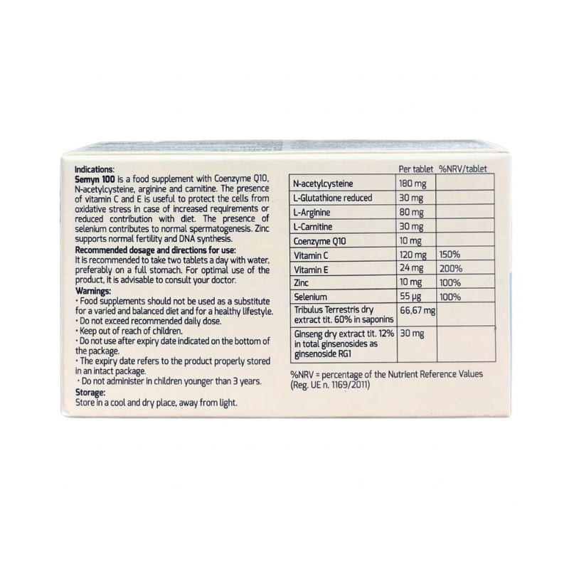 Viên uống Semyn 100 của Ý hỗ trợ sức khỏe sinh sản nam giới, cải thiện chất lượng tinh trùng (Hộp 3 vỉ x 10 viên)