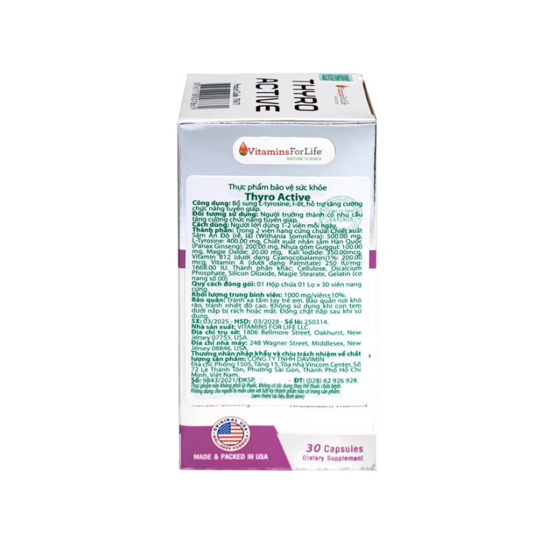 Viên uống Thyro Active Vitamins For Life của Mỹ bổ sung L-Tyrosine, I-ốt, hỗ trợ tăng cường chức năng tuyến giáp (Hộp 30 viên)
