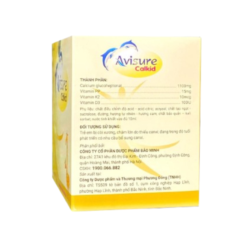 Avisure Calkid bổ sung canxi, vitamin D3, K2 và vitamin PP, hỗ trợ xương răng chắc khỏe (Hộp 30 ống x 10ml)