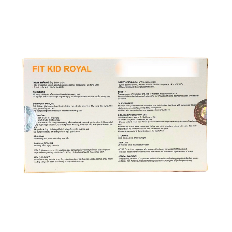 Men tiêu hóa Fit Kid ROYAL bổ sung lợi khuẩn, hỗ trợ cân bằng hệ vi sinh đường ruột và cải thiện rối loạn tiêu hóa (Hộp 20 ống x 5ml)