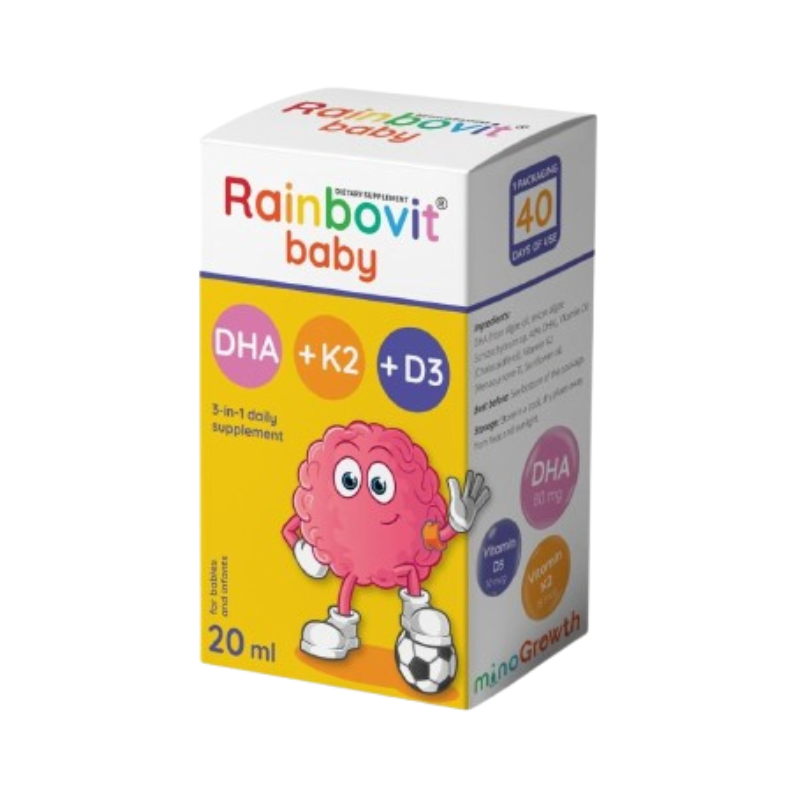 Rainbovit Baby DHA + K2 + D3 của Ba Lan bổ sung DHA, vitamin D3 và vitamin K2 MK-7, hỗ trợ phát triển não bộ, thị lực và hệ xương ở trẻ (Hộp 1 lọ 20ml)